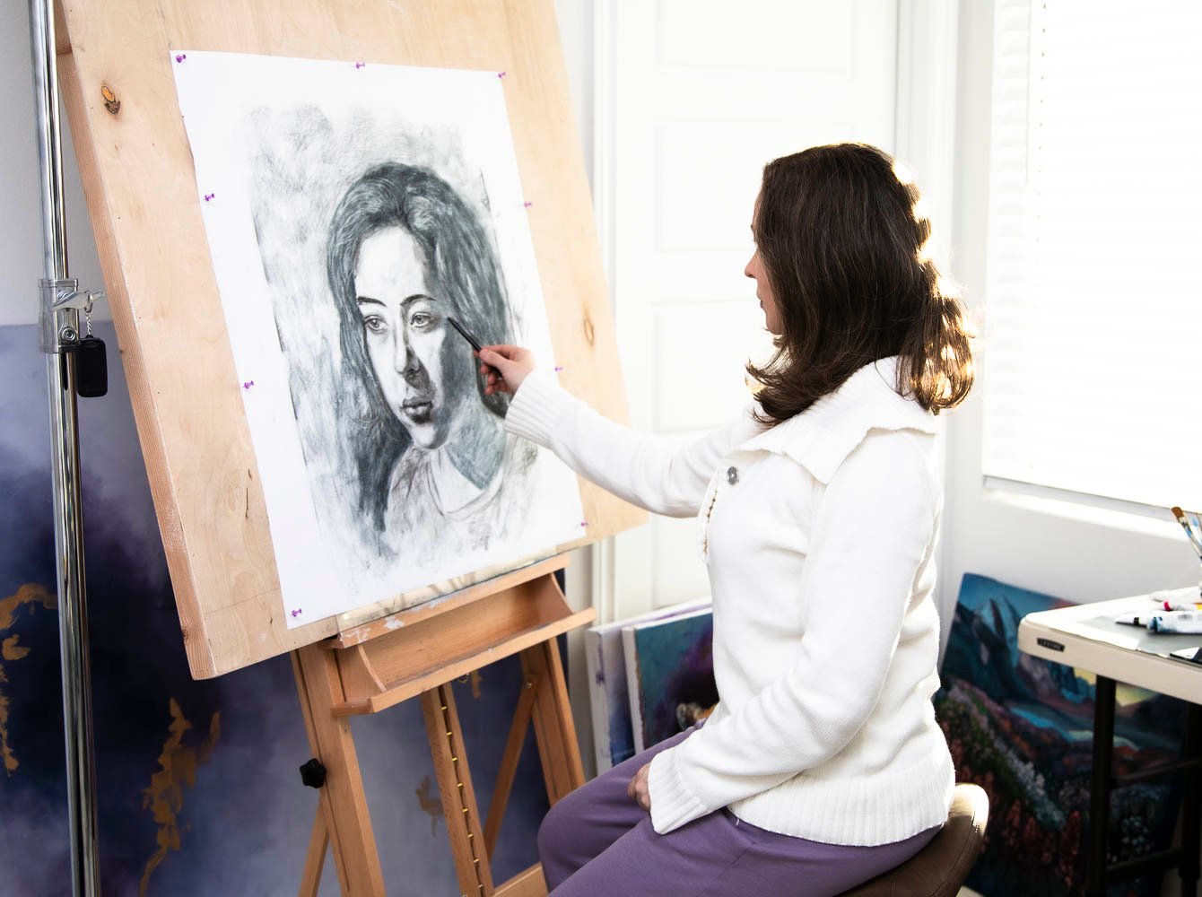 Natalie Bella Studio Work in Progress Charcoal Portrait Drawing