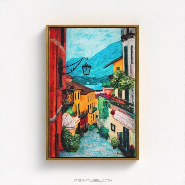 Bellagio Italy Mediterranean Oil Painting - Antique Gold Float Frame Canvas Print - Natalie Bella