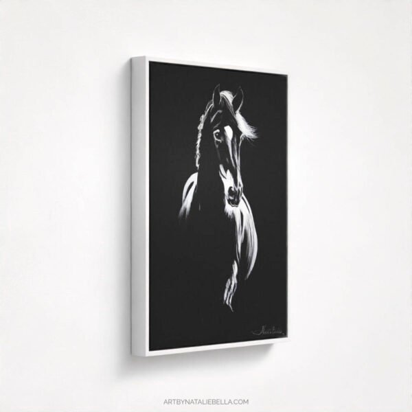 Pure Beauty - Dramatic Black and White Horse Drawing - White Float Frame Canvas