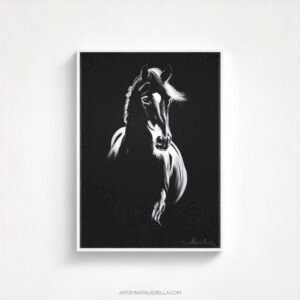 Pure Beauty - Dramatic Black and White Horse Drawing - White Float Frame Canvas