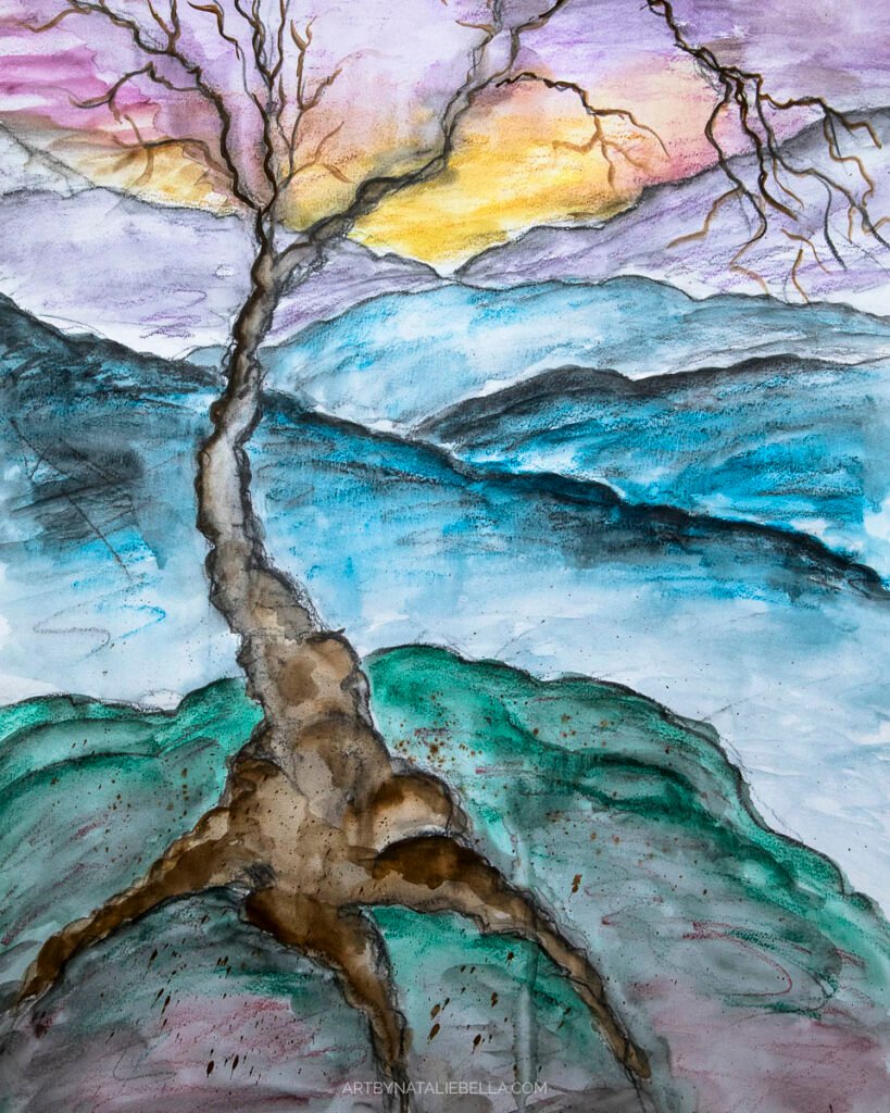 "Abstract Tree & Mountains" - Water-Soluble Graphite on Paper - 16x20 - Natalie Bella, January 2025