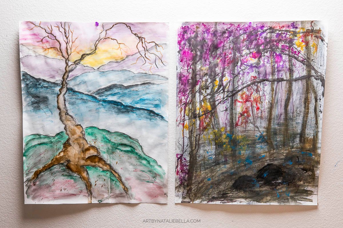 Abstract Landscape Drawings with Water Soluble Graphite and Pastels by Natalie Bella