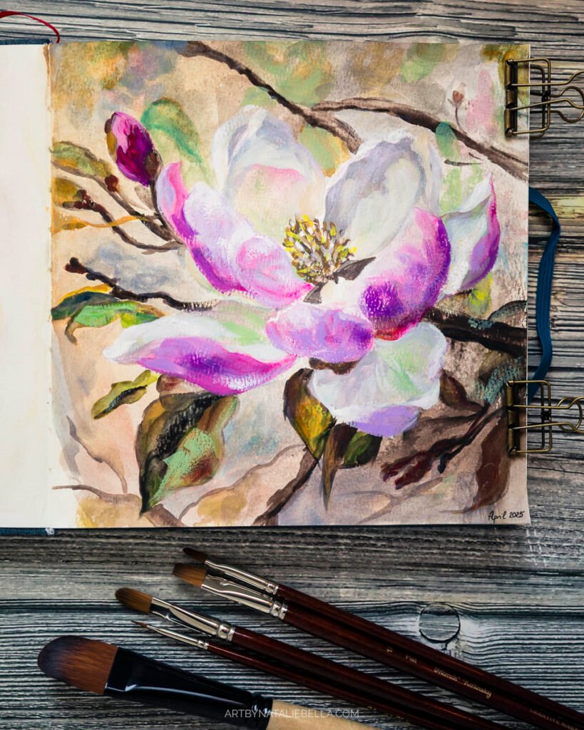 Magnolia Flower Study, Gouache on Watercolor Paper, Natalie Bella, April 2025