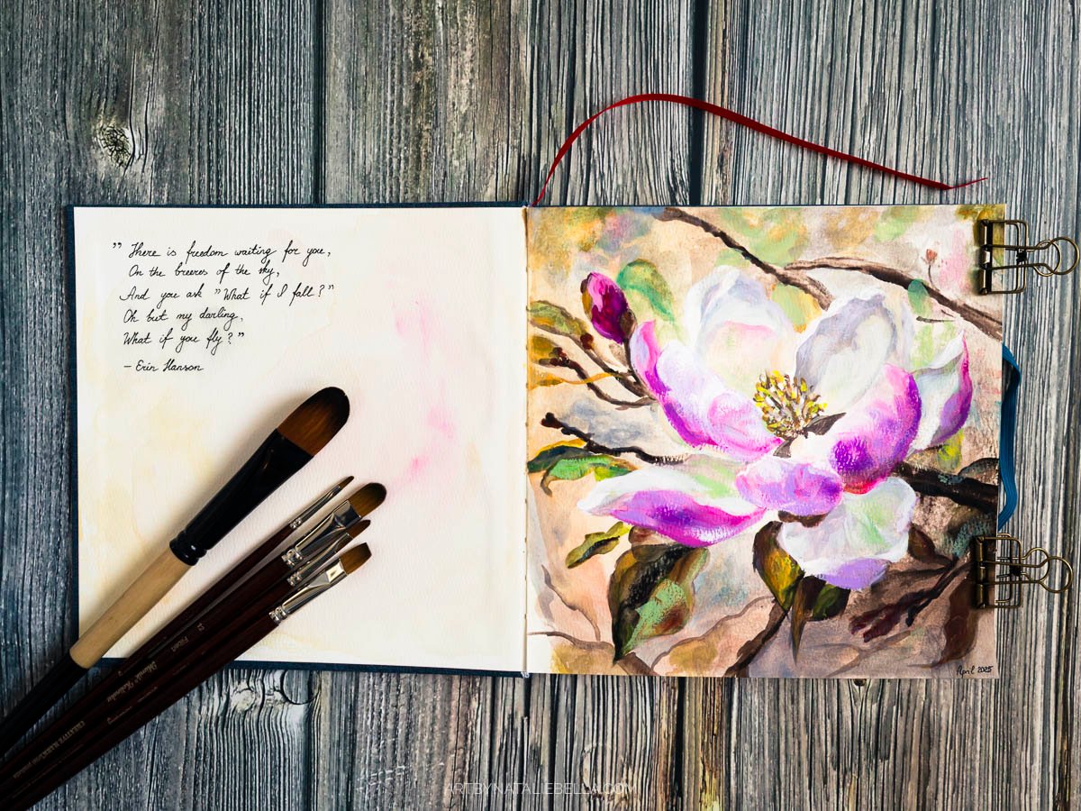 Magnolia Flower Study, Gouache on Watercolor Paper, Natalie Bella, April 2025