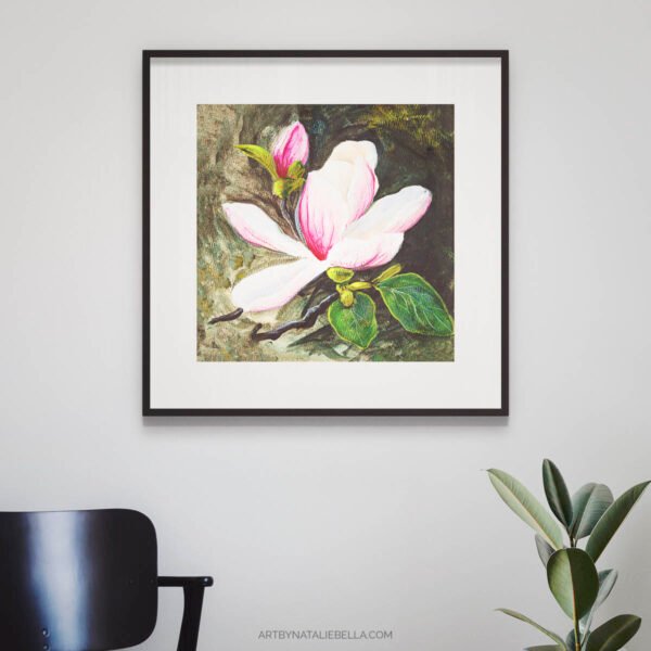 Magnolia Flower Wall Art Print, Botanical Fine Art Print, Pink Floral Art, Nature Illustration, Home Decor, Textured Watercolor Matte Paper