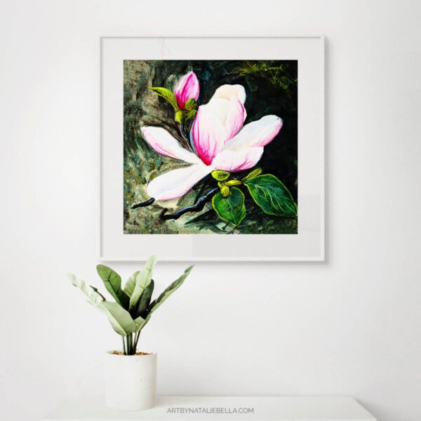 Magnolia Flower Wall Art Print, Botanical Fine Art Print, Pink Floral Art, Nature Illustration, Home Decor, Textured Watercolor Matte Paper