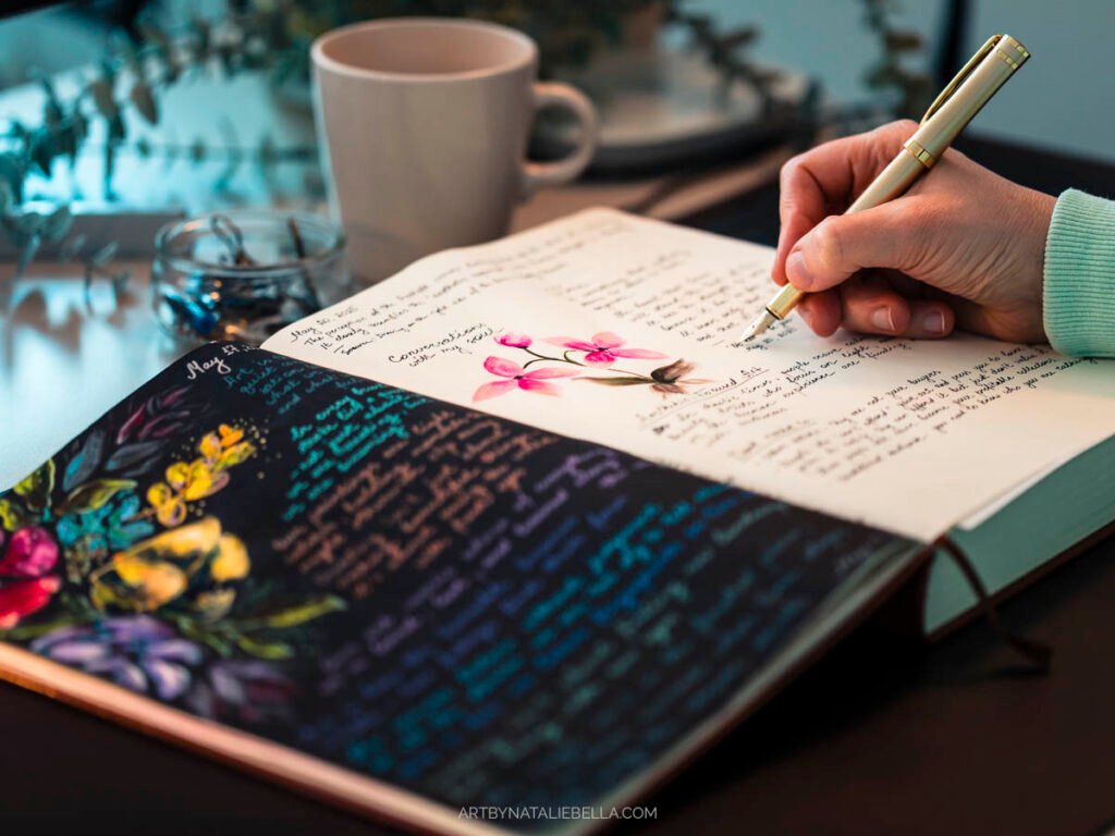 Art Journaling in a Journal Notebook with Floral Motifs and Writing with a Golden Fountain Pen