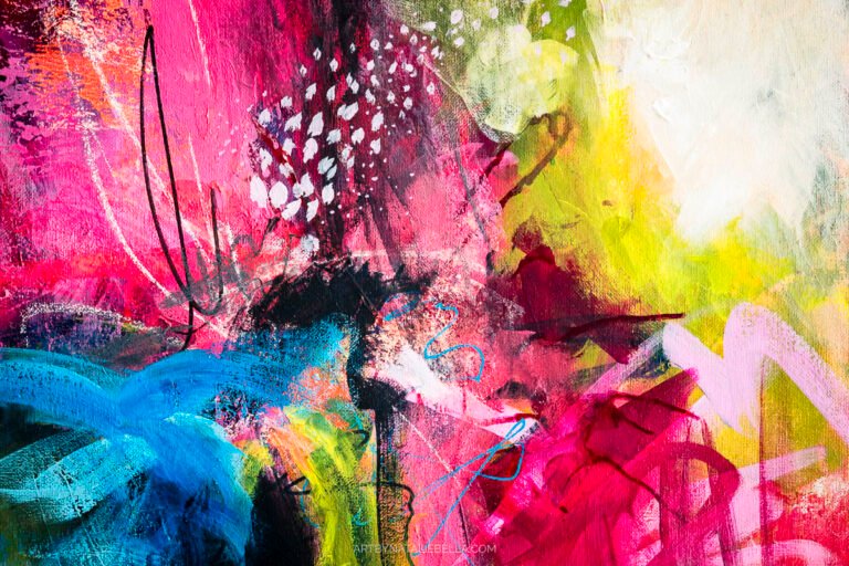 Vibrant abstract mixed media painting featuring bold pink, yellow, and blue brushstrokes with organic flowing forms and textural elements by contemporary artist Natalie Bella