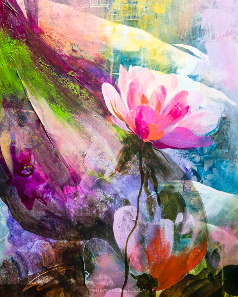Pink lotus flower detail from large scale contemporary mixed media painting with purple and blue abstract elements