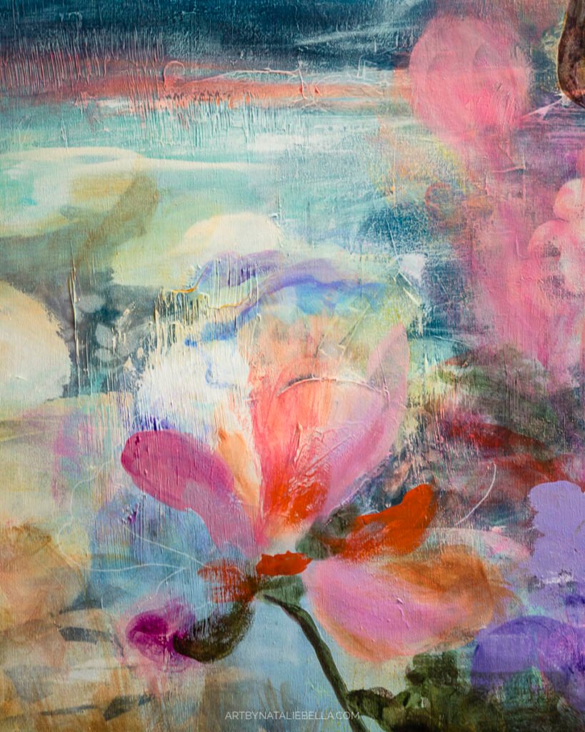 Detail shot of coral pink floral bloom painted with oil and mixed media on colorful abstract background