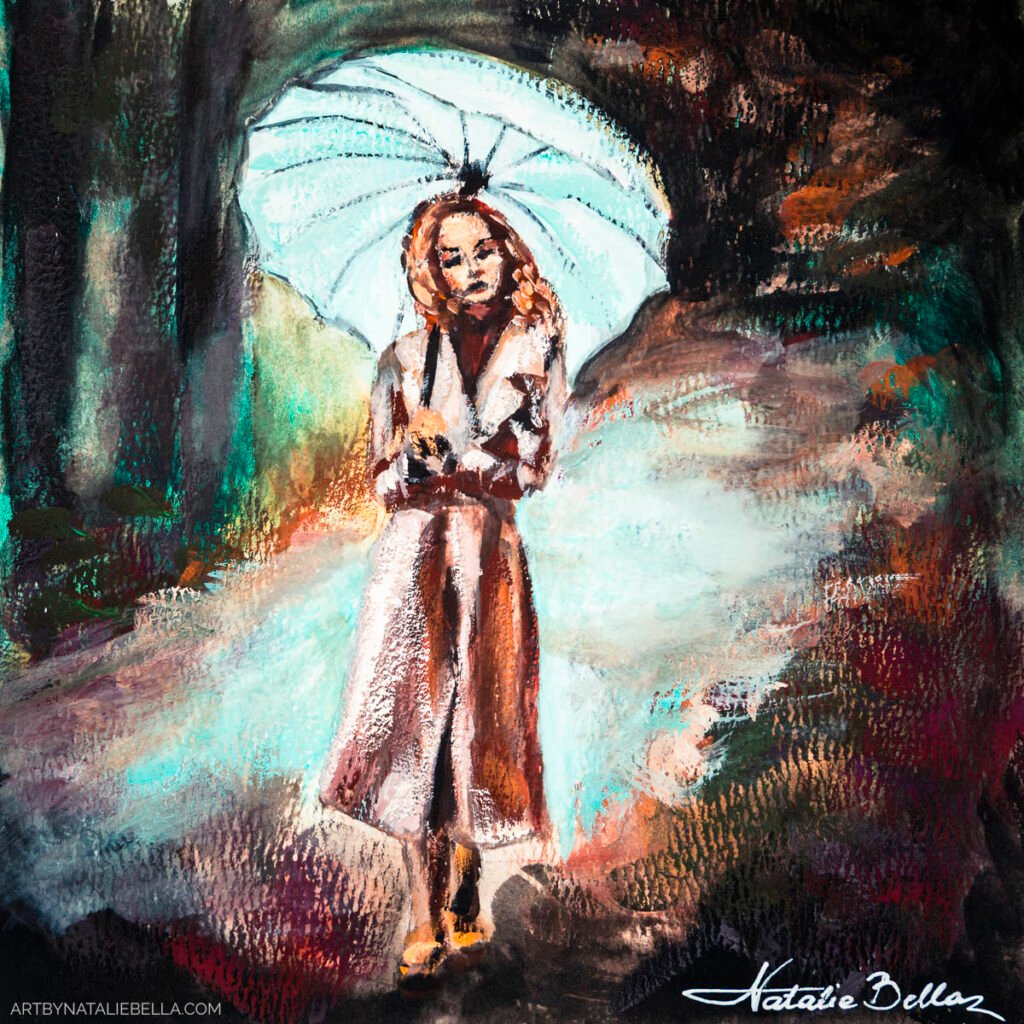 Gouache painting of woman with umbrella walking through misty teal and orange light, contemporary figurative art study in watercolor sketchbook