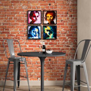 "Faces in Color" - Gouache on Watercolor Paper - 8x8 - Natalie Bella, May 2025 - Relaxing Bar Area with Metal Stools