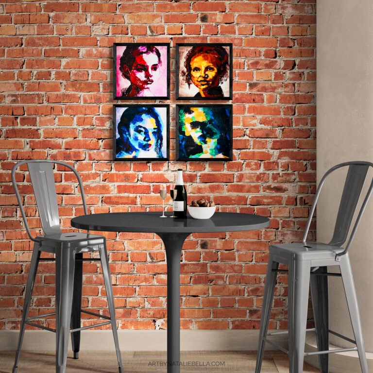 "Faces in Color" - Gouache on Watercolor Paper - 8x8 - Natalie Bella, May 2025 - Relaxing Bar Area with Metal Stools