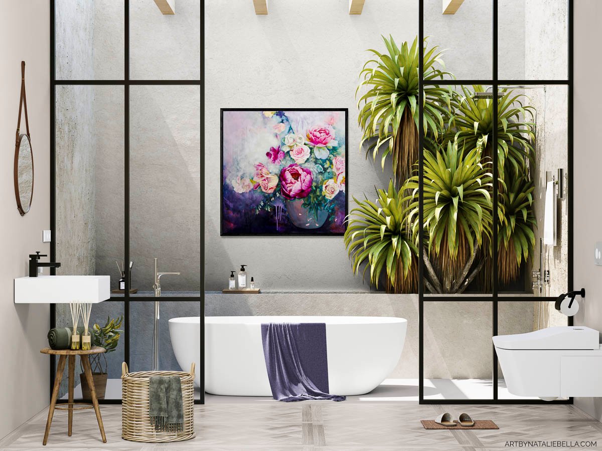Oil and mixed media painting "Floral Symphony" by Natalie Bella featuring pink peonies and roses displayed in a luxurious modern bathroom with black grid glass partition, freestanding white bathtub, and lush green plants creating a serene spa-like atmosphere.