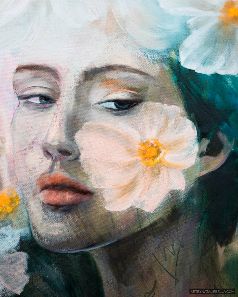 Close-up oil painting detail showing woman's face with white daisy flowers, soft brushstrokes and blended colors on canvas texture - work in progress