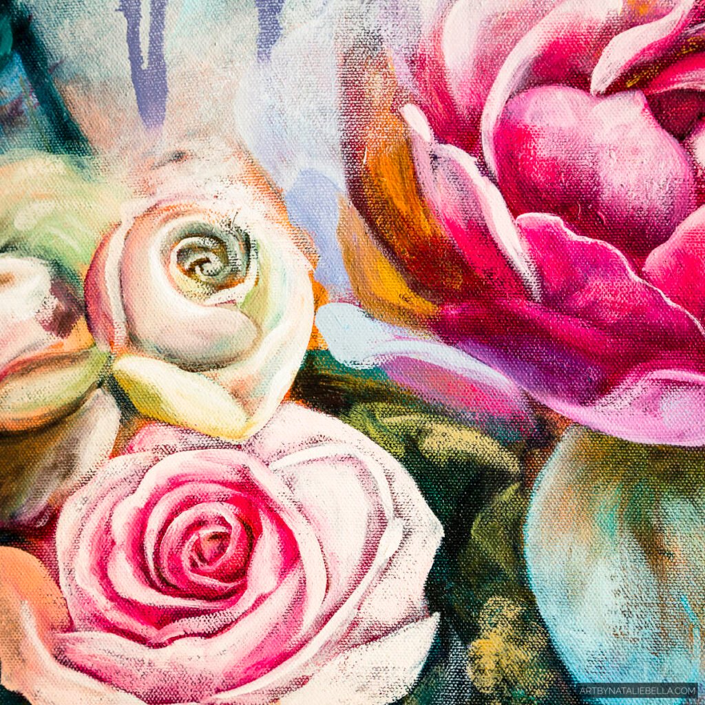 Detailed close-up view of "Floral Symphony" by Natalie Bella showing intricate oil painting technique with layered brushstrokes capturing the delicate petals of pink roses and vibrant peonies, revealing the artist's skilled mixed media approach and rich color palette.