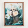 Where Ethereal Dreams Bloom - Original oil painting on canvas by Natalie Bella featuring a dreamy portrait of a woman surrounded by white flowers with golden centers against a soft teal background, contemporary mixed media art, 16x20 inches