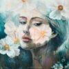 Where Ethereal Dreams Bloom - Original oil painting on canvas by Natalie Bella featuring a dreamy portrait of a woman surrounded by white flowers with golden centers against a soft teal background, contemporary mixed media art, 16x20 inches