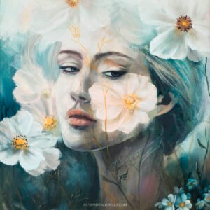 Where Ethereal Dreams Bloom - Original oil painting on canvas by Natalie Bella featuring a dreamy portrait of a woman surrounded by white flowers with golden centers against a soft teal background, contemporary mixed media art, 16x20 inches