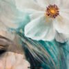 Where Ethereal Dreams Bloom - Original oil painting on canvas by Natalie Bella featuring a dreamy portrait of a woman surrounded by white flowers with golden centers against a soft teal background, contemporary mixed media art, 16x20 inches