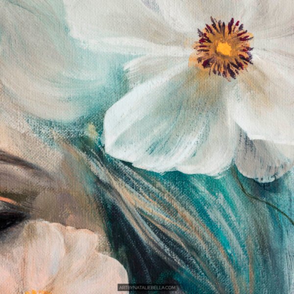 Where Ethereal Dreams Bloom - Original oil painting on canvas by Natalie Bella featuring a dreamy portrait of a woman surrounded by white flowers with golden centers against a soft teal background, contemporary mixed media art, 16x20 inches