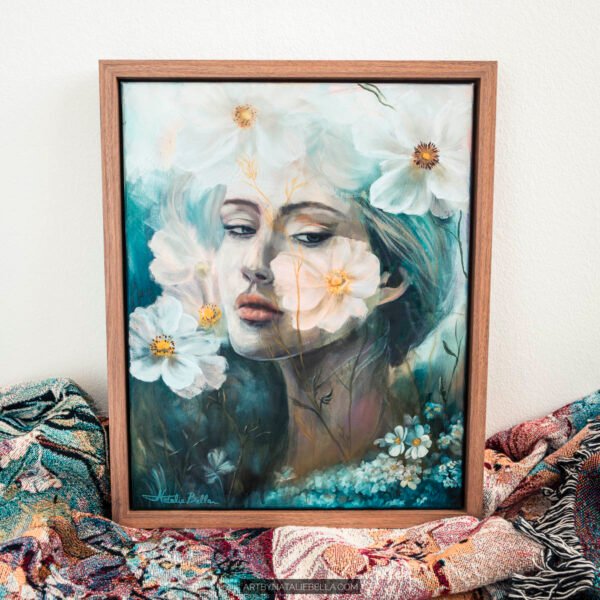Where Ethereal Dreams Bloom - Original oil painting on canvas by Natalie Bella featuring a dreamy portrait of a woman surrounded by white flowers with golden centers against a soft teal background, contemporary mixed media art, 16x20 inches