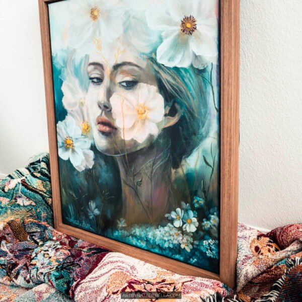 Where Ethereal Dreams Bloom - Original oil painting on canvas by Natalie Bella featuring a dreamy portrait of a woman surrounded by white flowers with golden centers against a soft teal background, contemporary mixed media art, 16x20 inches