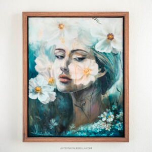 Where Ethereal Dreams Bloom - Original oil painting on canvas by Natalie Bella featuring a dreamy portrait of a woman surrounded by white flowers with golden centers against a soft teal background, contemporary mixed media art, 16x20 inches