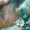 Where Ethereal Dreams Bloom - Original oil painting on canvas by Natalie Bella featuring a dreamy portrait of a woman surrounded by white flowers with golden centers against a soft teal background, contemporary mixed media art, 16x20 inches
