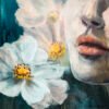 Where Ethereal Dreams Bloom - Original oil painting on canvas by Natalie Bella featuring a dreamy portrait of a woman surrounded by white flowers with golden centers against a soft teal background, contemporary mixed media art, 16x20 inches