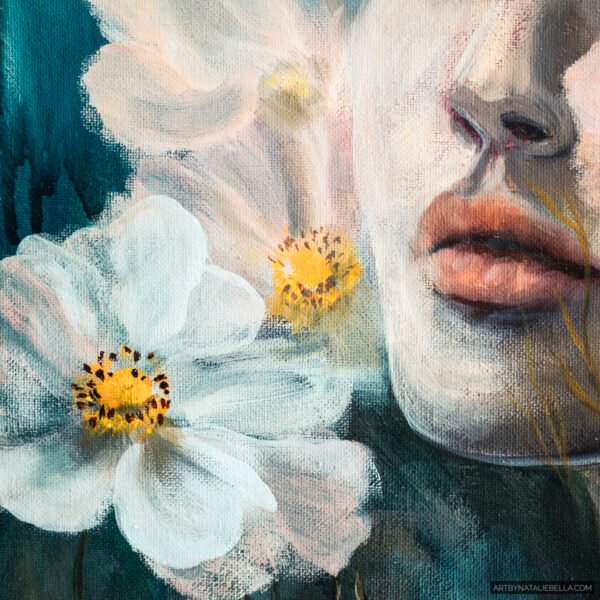 Where Ethereal Dreams Bloom - Original oil painting on canvas by Natalie Bella featuring a dreamy portrait of a woman surrounded by white flowers with golden centers against a soft teal background, contemporary mixed media art, 16x20 inches