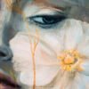 Where Ethereal Dreams Bloom - Original oil painting on canvas by Natalie Bella featuring a dreamy portrait of a woman surrounded by white flowers with golden centers against a soft teal background, contemporary mixed media art, 16x20 inches