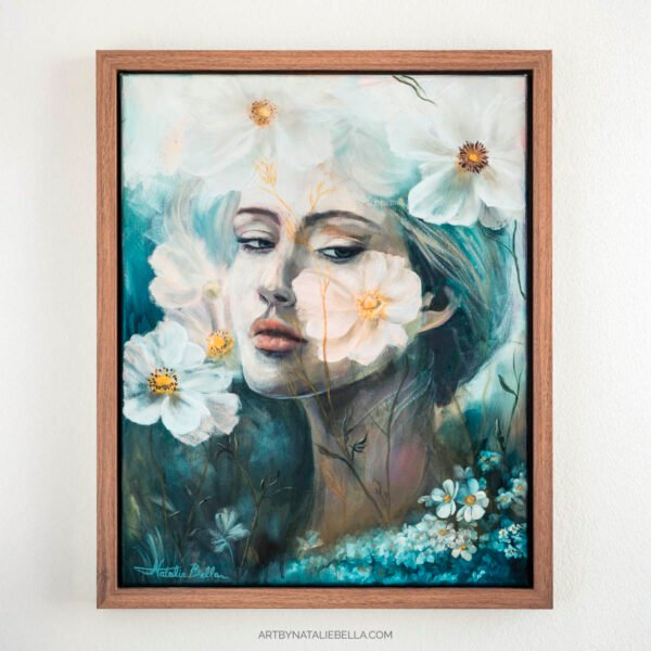 Where Ethereal Dreams Bloom - Original oil painting on canvas by Natalie Bella featuring a dreamy portrait of a woman surrounded by white flowers with golden centers against a soft teal background, contemporary mixed media art, 16x20 inches