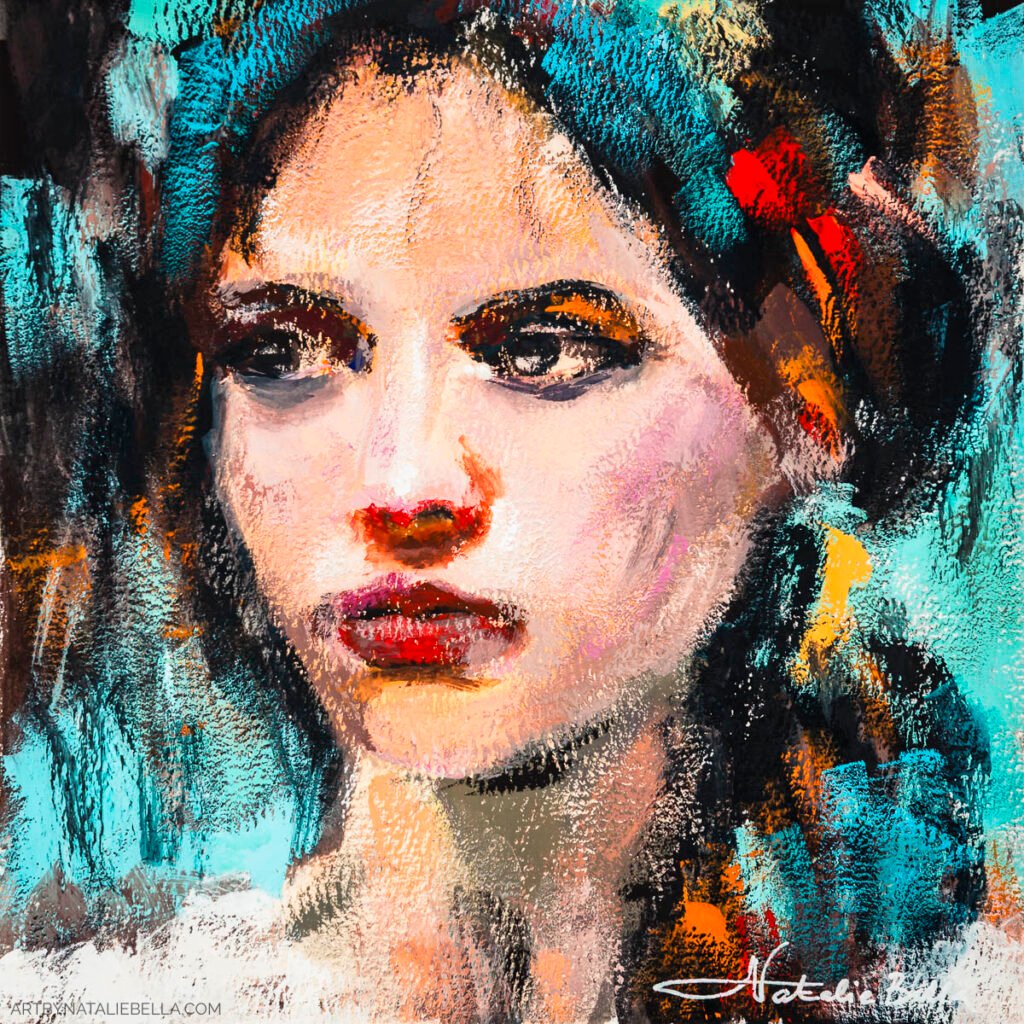 The gouache painting 'Unguarded' displayed on a neutral linen background, showing the 8x8 inch portrait on watercolor paper with a white border. The expressive woman's face is rendered in vibrant turquoise and teal tones contrasted with warm peachy skin and bold red lips. Loose, gestural brushstrokes create texture throughout the piece, with orange and red accents adding energy to the composition. The artist's white signature appears in the bottom right corner of this intimate, emotionally charged portrait.