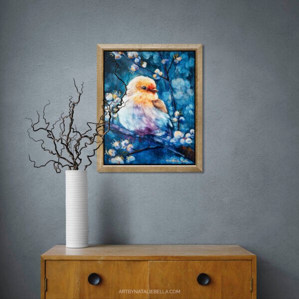Wrapped in Light – Original 16×20 Oil Painting | Contemporary Bird Art with Spring Blossoms