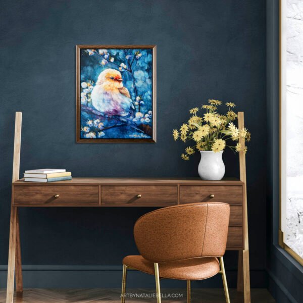 Wrapped in Light – Original 16×20 Oil Painting | Contemporary Bird Art with Spring Blossoms