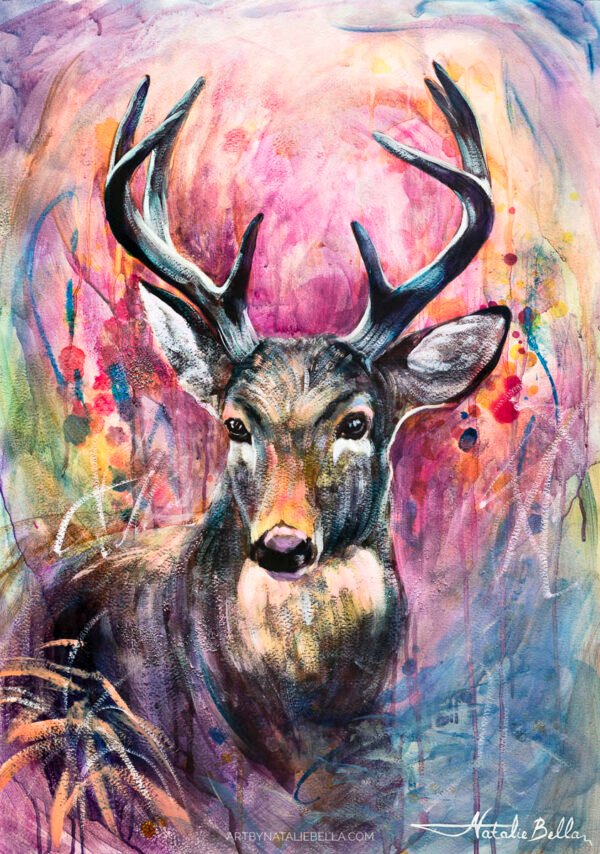 Wildwood Heart – Original Deer Painting in Oil & Mixed Media on Paper | Contemporary Wildlife Art with Vibrant Colors