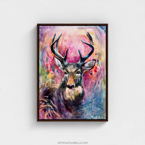 Wildwood Heart – Canvas Print in Float Frame | Contemporary Deer Wildlife Art with Vibrant Colors