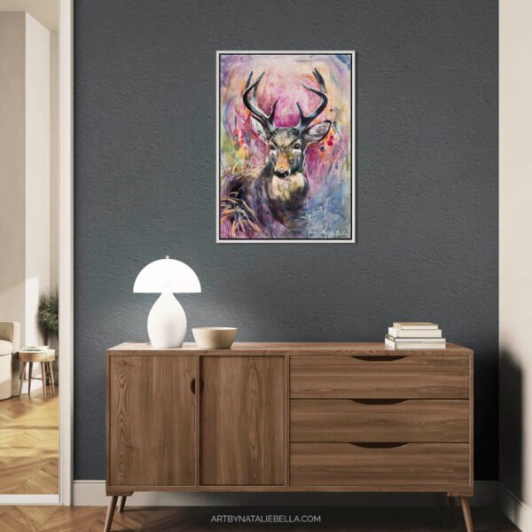 Wildwood Heart – Canvas Print in Float Frame | Contemporary Deer Wildlife Art with Vibrant Colors