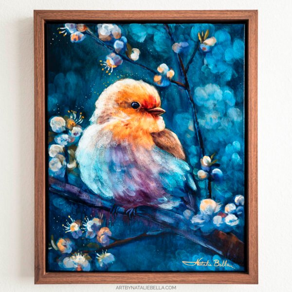 Wrapped in Light – Original 16×20 Oil Painting | Contemporary Bird Art with Spring Blossoms