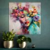 Original oil and mixed media painting of a dreaming woman with vibrant floral crown in pink, orange, and purple blooms against turquoise background. Contemporary feminine portrait art by Natalie Bella, 24x24 inches on gallery wrapped canvas, available for purchase.
