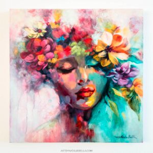 Garden of Dreams – Original Floral Portrait in Oil & Mixed Media on Canvas | Contemporary Feminine Art with Vibrant Colors