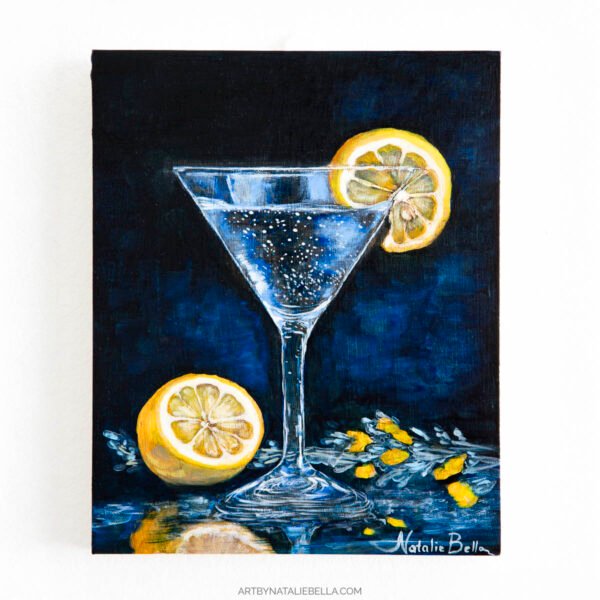 "Moonlight & Lemon Martini" - Oil of Wood Panel - 8x10 - Natalie Moonlight & Lemon Martini - Original Still Life Painting in Deep Blue Tones | Oil on Wood Panel