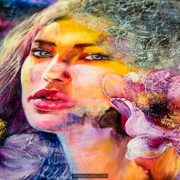 Original mixed media portrait with textured flowers and lace. A luminous exploration of light emerging from shadow, grief transformed into hope. 15x20 inches.