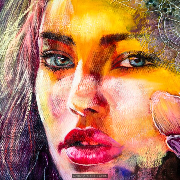 Original mixed media portrait with textured flowers and lace. A luminous exploration of light emerging from shadow, grief transformed into hope. 15x20 inches.