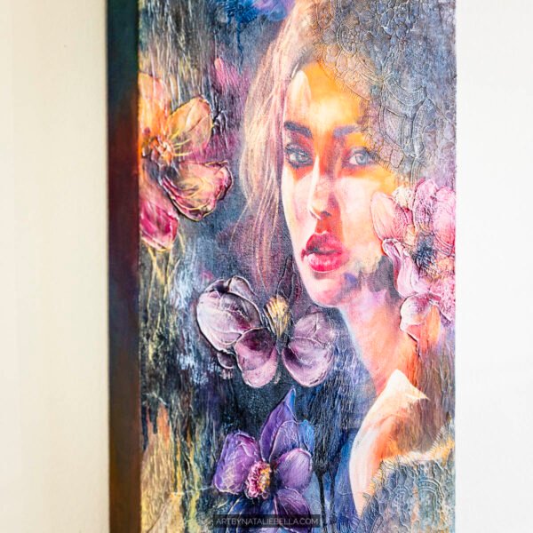 Original mixed media portrait with textured flowers and lace. A luminous exploration of light emerging from shadow, grief transformed into hope. 15x20 inches.