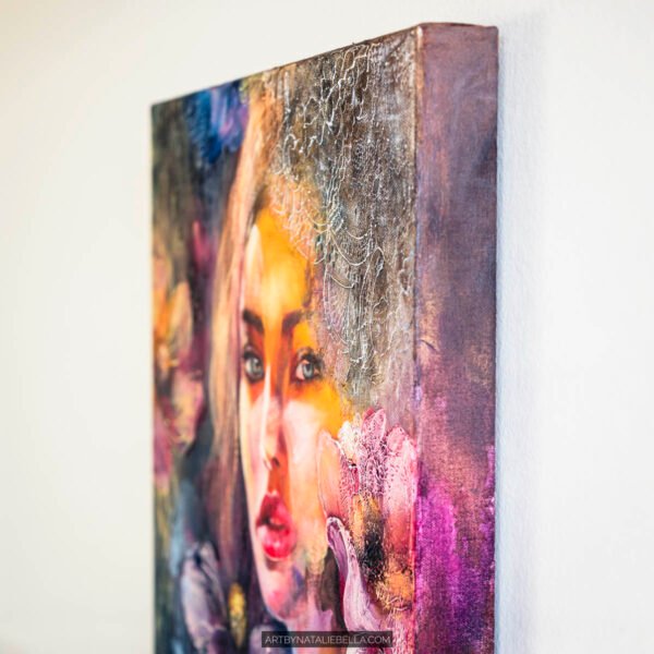 Original mixed media portrait with textured flowers and lace. A luminous exploration of light emerging from shadow, grief transformed into hope. 15x20 inches.