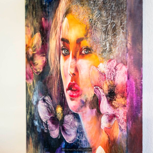 Original mixed media portrait with textured flowers and lace. A luminous exploration of light emerging from shadow, grief transformed into hope. 15x20 inches.