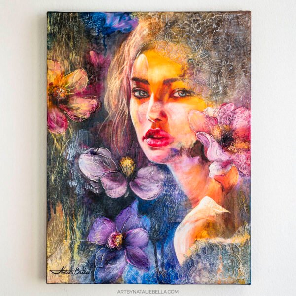 Original mixed media portrait with textured flowers and lace. A luminous exploration of light emerging from shadow, grief transformed into hope. 15x20 inches.