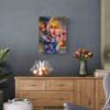 Contemporary mixed media painting She Chose Light by Natalie Bella hung above natural wood buffet with fresh tulips and modern decor on slate blue wall - original textured floral portrait for elegant dining room and home styling